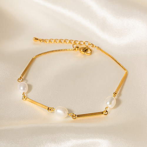 Bracelets plaqués or 18 carats en acier inoxydable, Style Simple, couleur unie, placage de perles d'eau douce