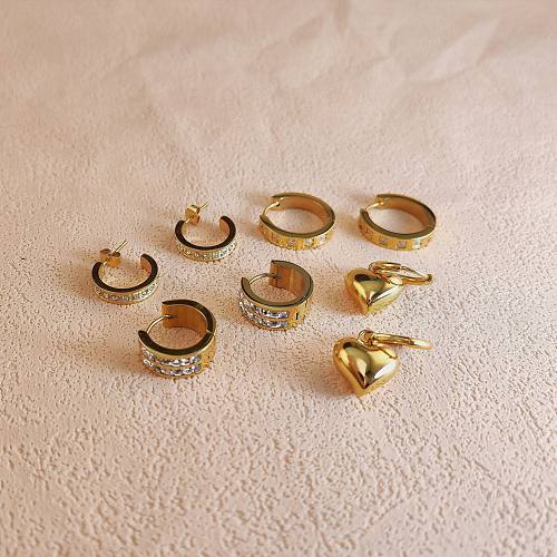 1 par de pendientes chapados en oro de 18 quilates con incrustaciones de acero inoxidable y circonita en forma de C circular estilo Simple estilo IG
