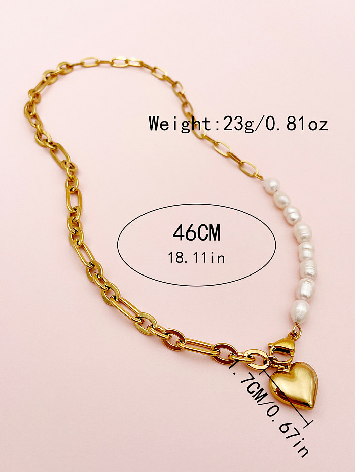 Casual Vintage Style Heart Shape Stainless Steel  Pearl Plating Gold Plated Pendant Necklace
