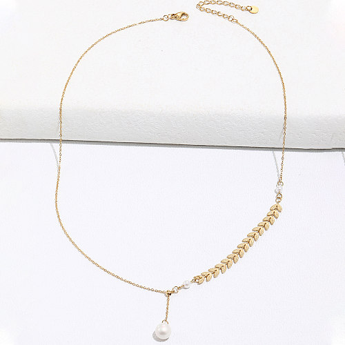 Fashion Side Wheat Chain Pearl Pendant Stainless Steel  Clavicle Necklace