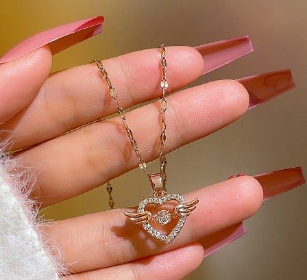 Fashion Heart Shape Stainless Steel Copper Inlay Artificial Diamond Pendant Necklace