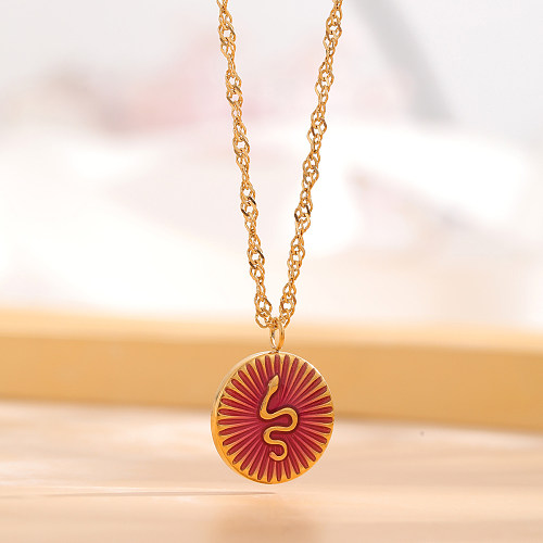 Retro Round Flower Snake Stainless Steel Enamel Plating Gold Plated Pendant Necklace