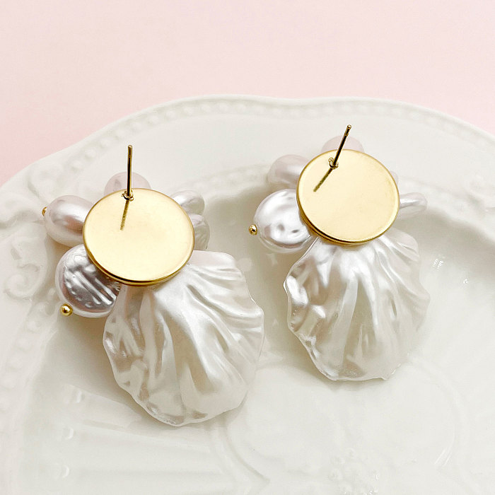 1 par estilo britânico comute flor chapeamento concha de aço inoxidável brincos banhados a ouro