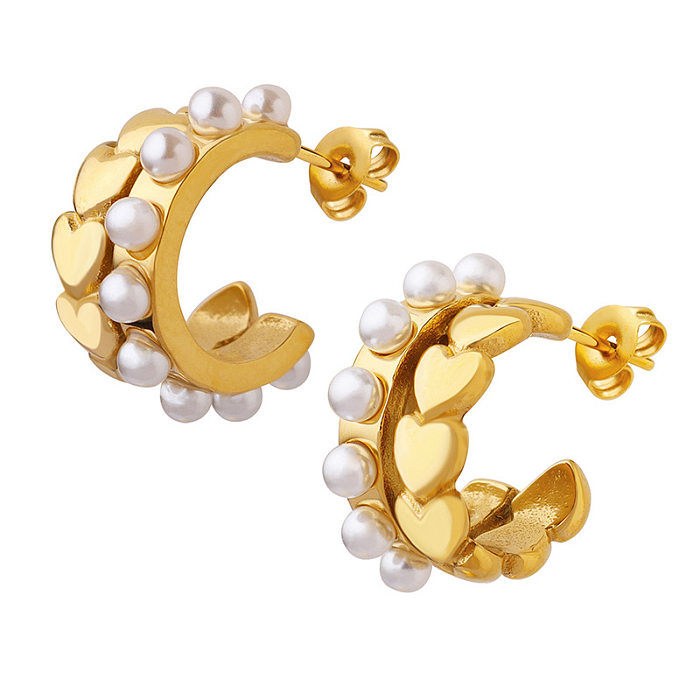 Pendientes elegantes con forma de corazón, chapado en acero inoxidable, perlas artificiales, 1 par