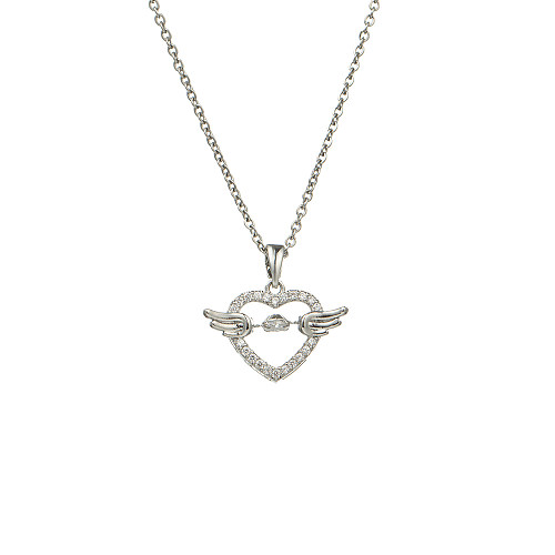 IG Style Shiny Heart Shape Wings Stainless Steel Copper Plating Hollow Out Inlay Zircon Pendant Necklace