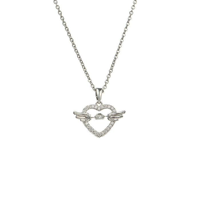 IG Style Shiny Heart Shape Wings Stainless Steel Copper Plating Hollow Out Inlay Zircon Pendant Necklace