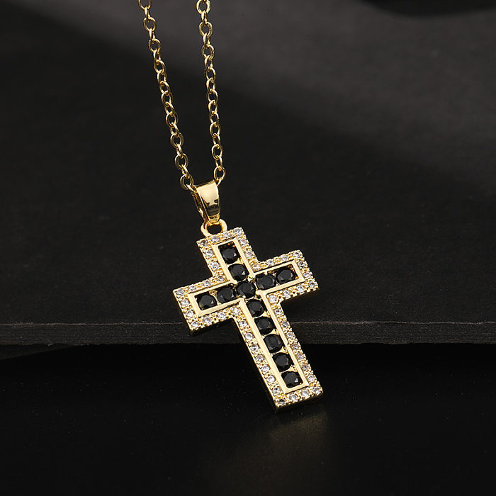 Hip-Hop Cross Stainless Steel Inlay Zircon 18K Gold Plated Pendant Necklace