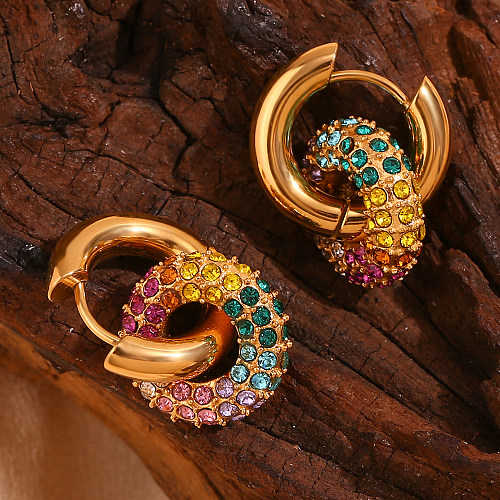 1 paire de boucles d'oreilles pendantes plaquées or 18 carats, Style Simple, classique, incrustation multicolore, strass en acier inoxydable