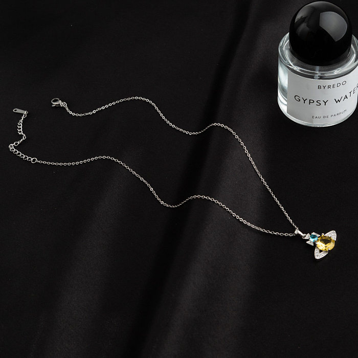Collier pendentif avec nœud papillon de Style Simple, 1 pièce, incrustation de chaîne en acier inoxydable, pierres précieuses artificielles