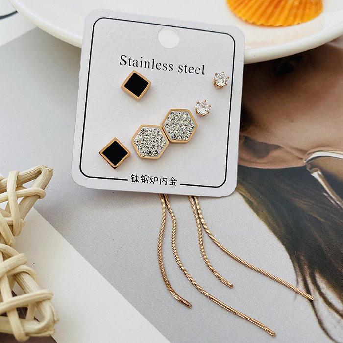 Pendientes con incrustaciones de diamantes de imitación de acero inoxidable con nudo de lazo de mariposa en forma de corazón a la moda, 3 pares