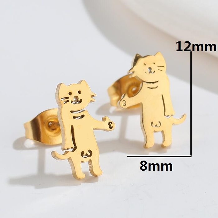 Cute Cat Stainless Steel Hollow Out Ear Studs 1 Pair