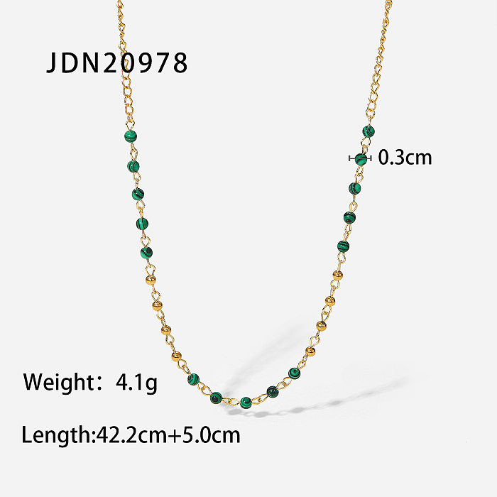 Fashion 18K Gold Stainless Steel   Green Peacock Stone Beads Necklace Women