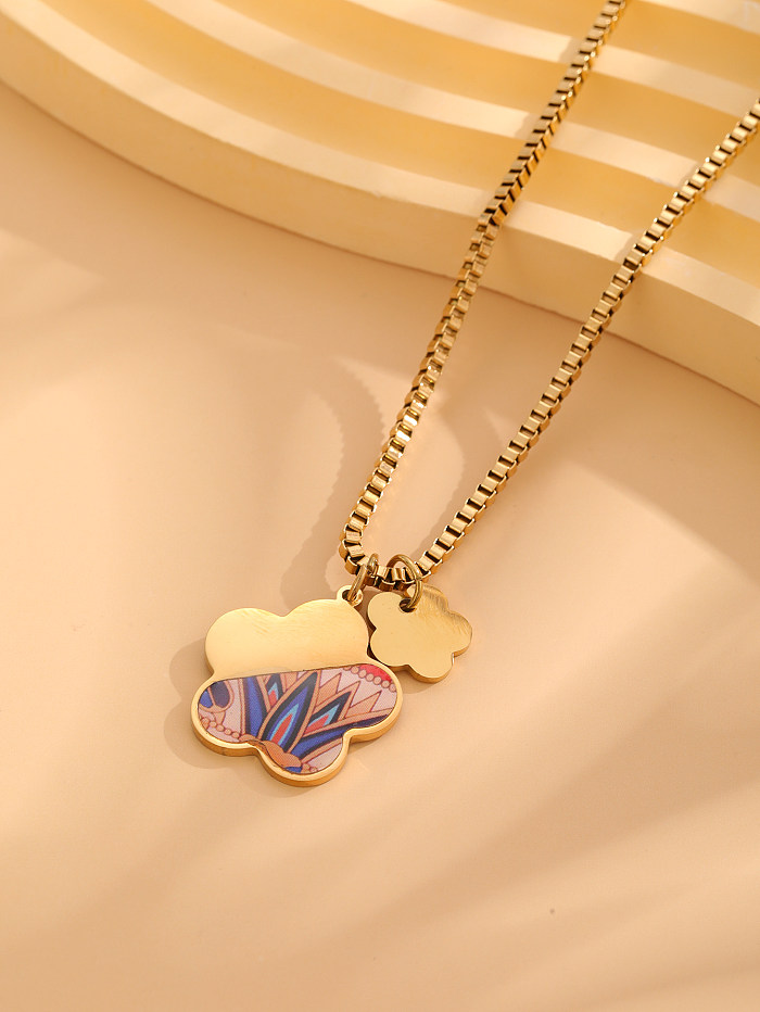 Retro Artistic Clouds Star Flower Stainless Steel Enamel Plating Inlay Resin Rhinestones Gold Plated Pendant Necklace