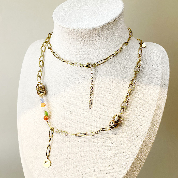Lässige, runde Halskette aus Edelstahl mit Perlen und Polierbeschichtung, vergoldet, lange Halskette