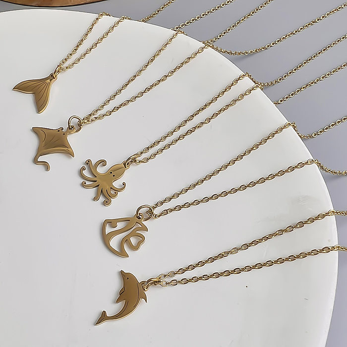 Niedliche, schlichte Halskette mit Delfin- und Oktopus-Fischschwanz-Anhänger aus Edelstahl, 18 Karat vergoldet, in großen Mengen