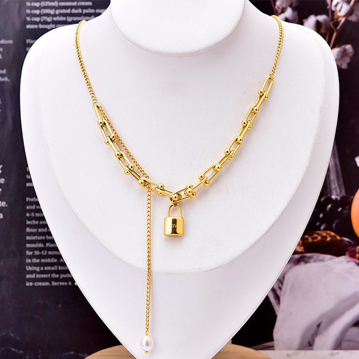 Fashion Lock Stainless Steel Inlay Artificial Pearls Necklace 1 Piece