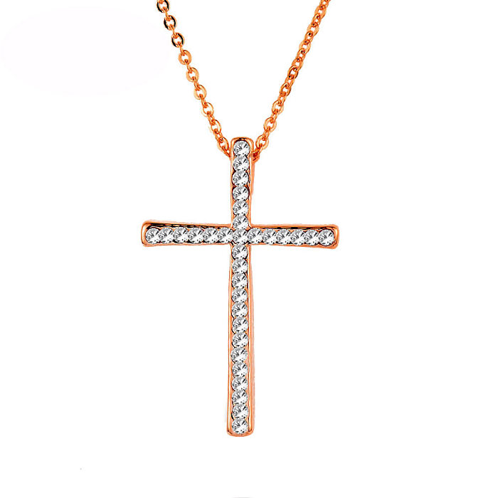 Fashion Cross Stainless Steel Plating Inlay Rhinestones Pendant Necklace 1 Piece