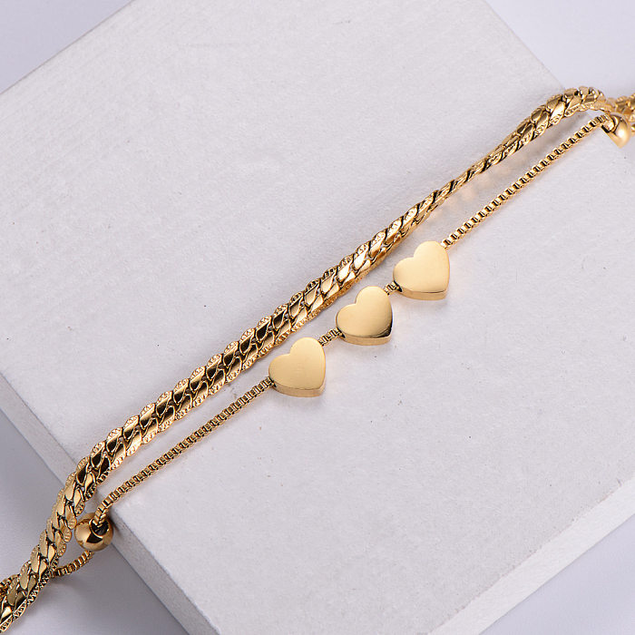 Pulseira dupla de coração banhado a ouro 18k de aço inoxidável por atacado de joias femininas