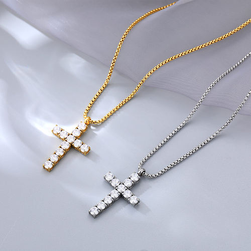 Modische Halskette mit Kreuz-Anhänger aus Edelstahl mit Zirkon-Beschichtung, 1 Stück