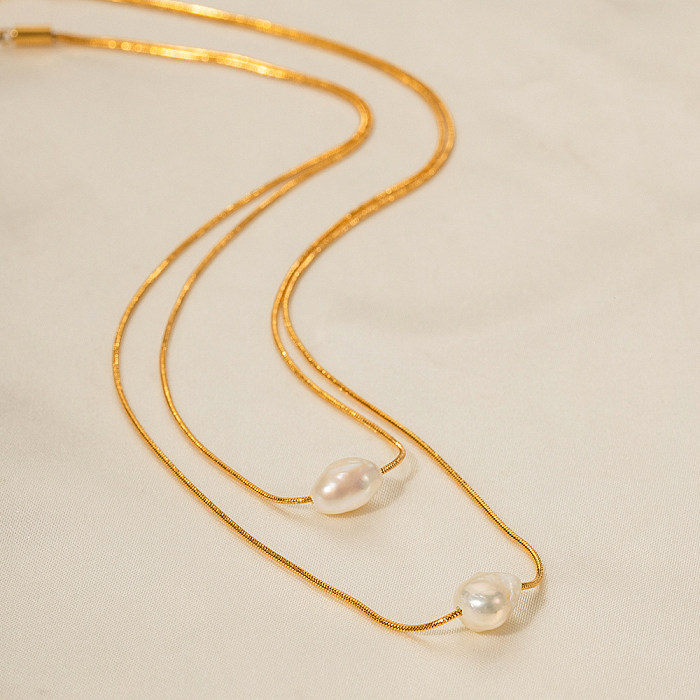 Simple Style Geometric Stainless Steel  Plating Freshwater Pearl 18K Gold Plated Layered Necklaces