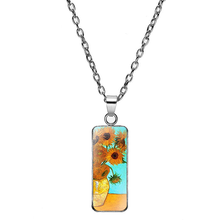 Halskette mit Anhänger im klassischen Stil mit Sonnenblume und Sternenhimmel, Edelstahl-Inlay, Glas, 18 Karat vergoldet, vergoldet, platiniert