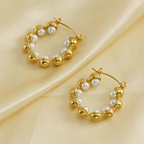 Fashion Geometric Stainless Steel  Inlay Artificial Pearls Earrings 1 Pair