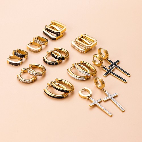 Kreuz-Ohrringe im Vintage-Stil, Edelstahl, vergoldet, Zirkon, 1 Paar