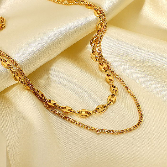 Collar simple de acero inoxidable de doble capa con cadena de nariz de cerdo chapada en oro de 18 quilates