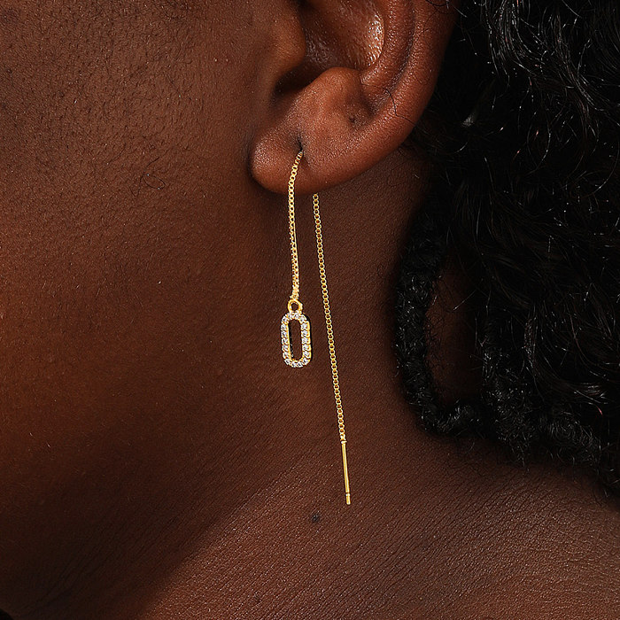1 par de lujosos estilos simples con forma de corazón ovalado, flor, borla de acero inoxidable, incrustaciones de diamantes, línea de oreja chapada en oro de 18K