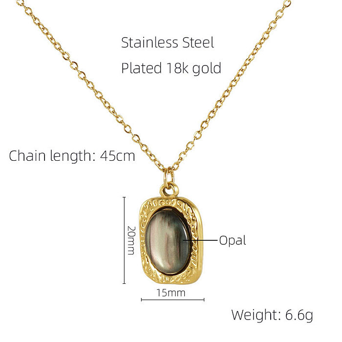 Retro Oval Stainless Steel  Inlay Opal 18K Gold Plated Pendant Necklace