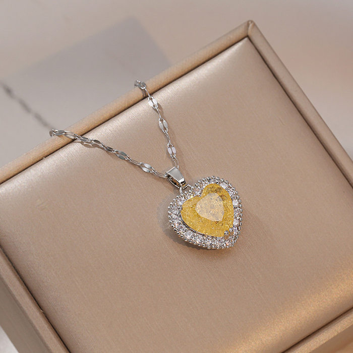 Retro Heart Shape Stainless Steel Inlaid Zircon Necklace 1 Piece