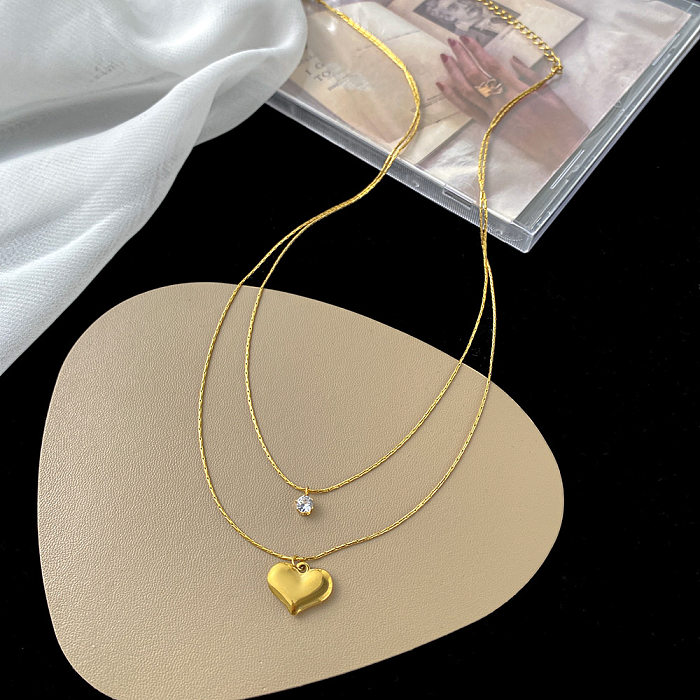 Mehrschichtige Halsketten im IG-Stil in Herzform mit Edelstahlbeschichtung und Zirkoneinlage, 18 Karat vergoldet