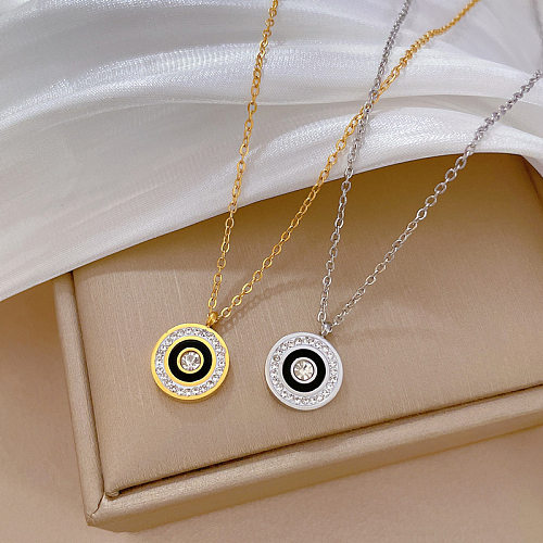 Vintage Style Round Color Block Stainless Steel Inlay Artificial Gemstones Pendant Necklace