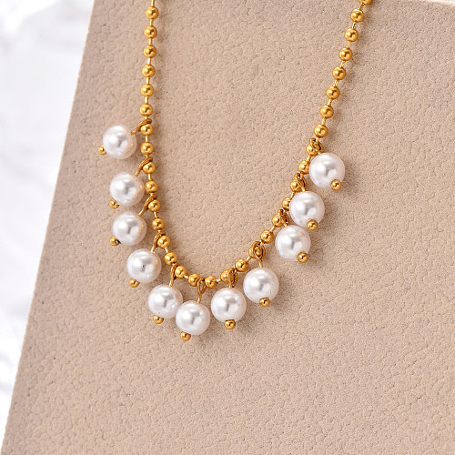 Elegant Round Stainless Steel  Artificial Pearl Plating 14K Gold Plated Pendant Necklace