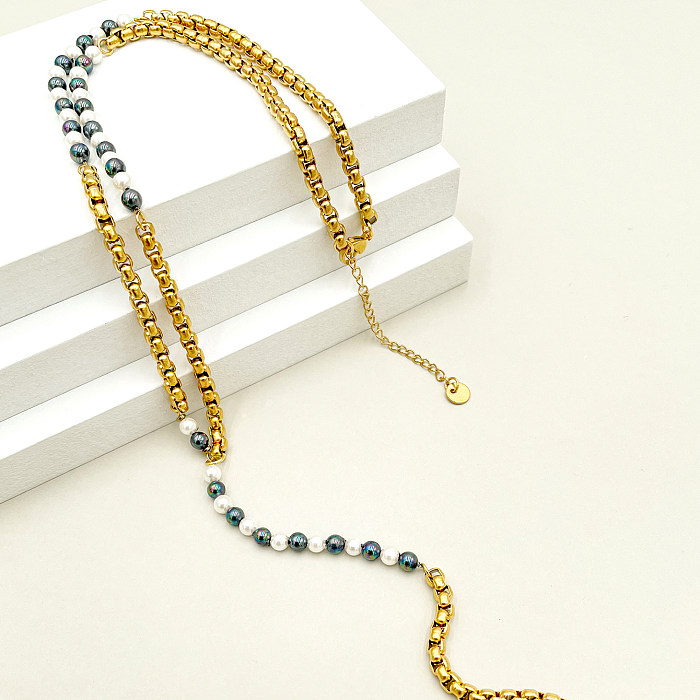 Collier plaqué or élégant avec bloc de couleurs en acier inoxydable et placage de perles