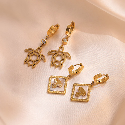 Boucles d'oreilles pendantes en forme de tortue, Style Simple, incrustation en acier inoxydable, Zircon, plaqué or 1 carats, 18 paire