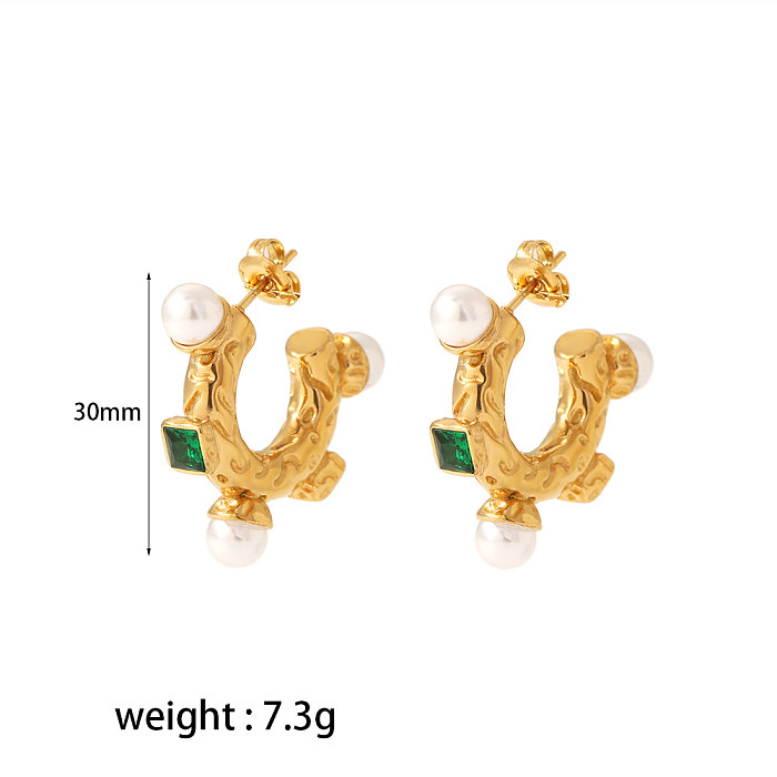 1 paire de clous d'oreilles plaqués or 18 carats, Style IG Simple, cercle en forme de C, incrustation de placage de polissage, perle en acier inoxydable, Zircon