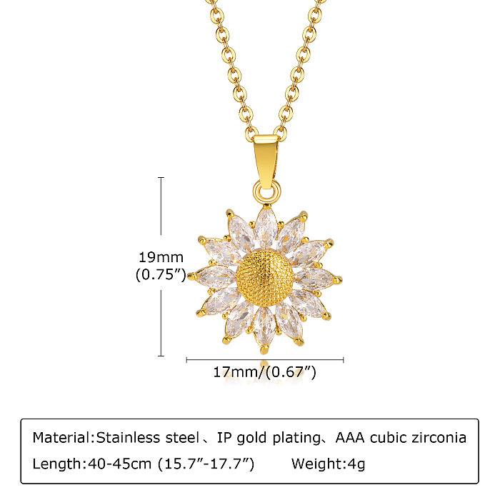 Fashion Flower Stainless Steel  Inlay Zircon Pendant Necklace 1 Piece