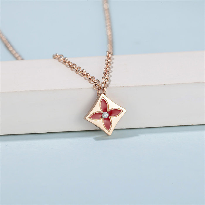 Simple Style Four Leaf Clover Stainless Steel  Stainless Steel Rose Gold Plated Diamond Pendant Necklace In Bulk