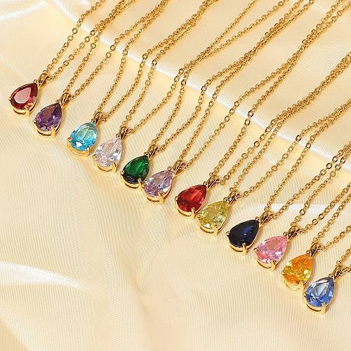 Simple 18K Gold-plated Color Zircon Stainless Steel  Drop-shaped Pendant Necklace