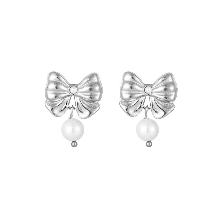 1 Pair IG Style Sweet Bow Knot Plating Inlay Stainless Steel Pearl Earrings