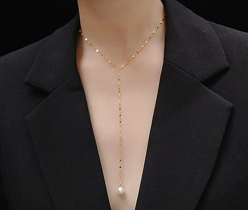 Fashion Solid Color Stainless Steel Pearl Gold Plated Pendant Necklace 1 Piece