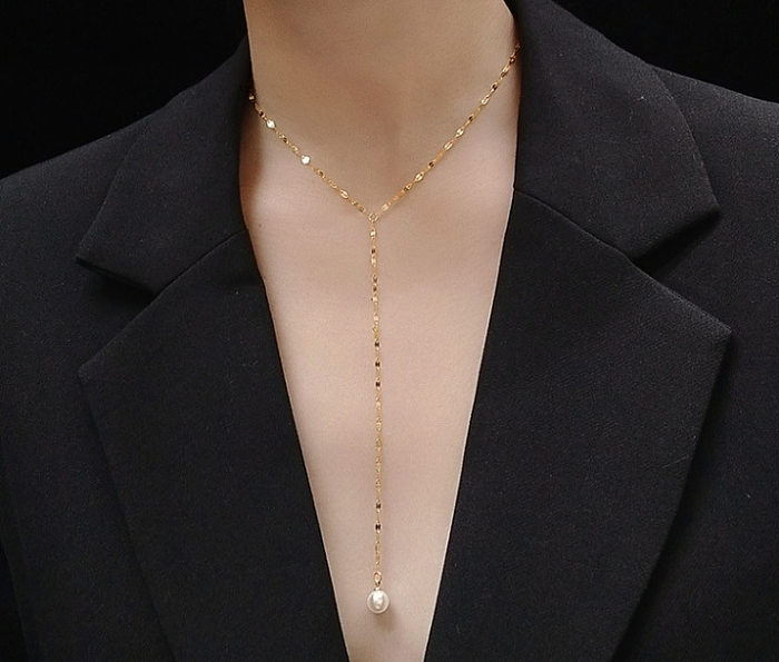 Collier avec pendentif en forme de perle en acier inoxydable, couleur unie, plaqué or, 1 pièce