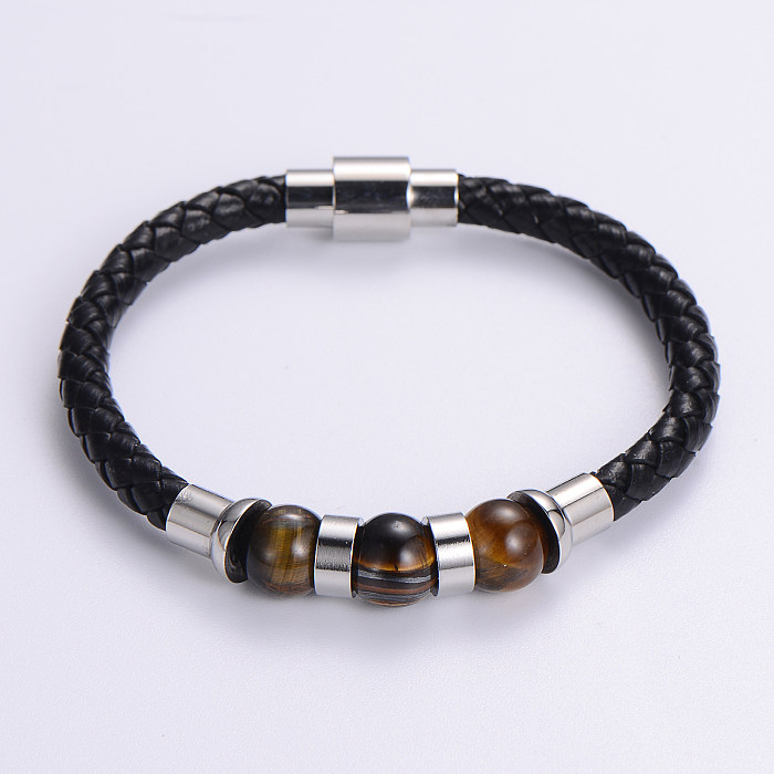 Casual Multicolor Stainless Steel Pu Leather Natural Stone Beaded Plating Braid 24K Gold Plated Wristband Bracelets