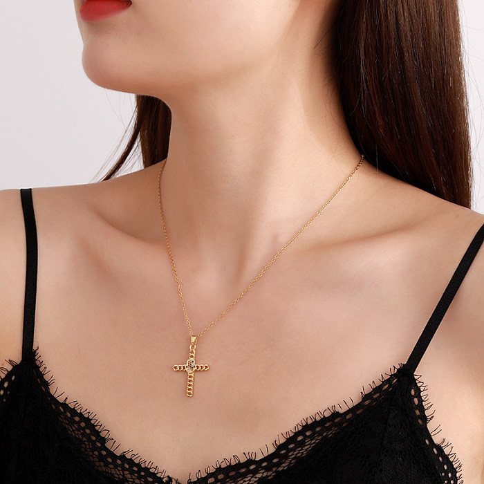 Streetwear Korean Style Cross Stainless Steel  Plating Inlay Zircon 18K Gold Plated Pendant Necklace