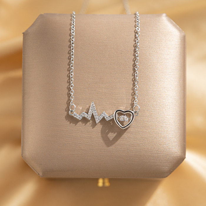 Elegant Leaf Heart Shape Lock Stainless Steel Plating Inlay Rhinestones Zircon Pendant Necklace