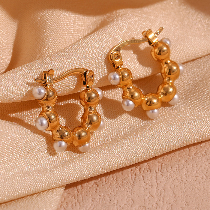 1 paire de boucles d'oreilles créoles plaquées or 18 carats, Style Simple, classique, incrustation de placage irrégulier, perles artificielles en acier inoxydable