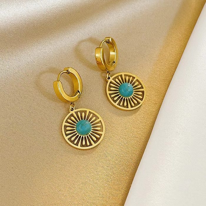 1 Paar schlichte, einfarbige, plattierte Inlay-Ohrringe aus Edelstahl mit Türkis und 18-Karat-Vergoldung