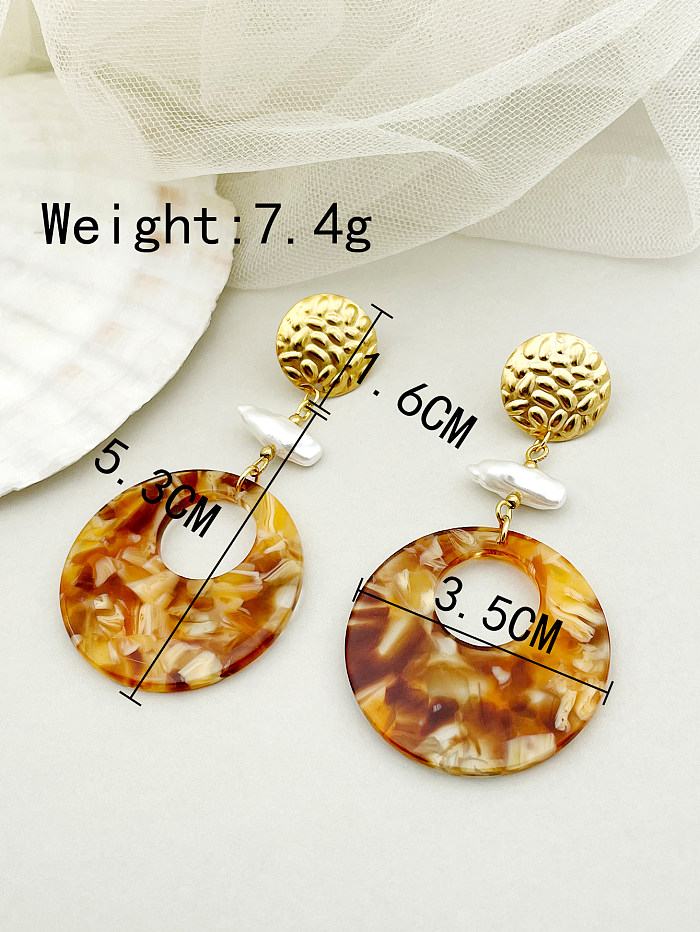 1 Pair Retro Round Stainless Steel  Pearl Plating Hollow Out 14K Gold Plated Drop Earrings