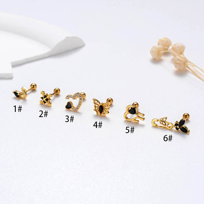 1 Stück Retro-Ohrringe mit geometrischer Herzform, Schmetterlingsbeschichtung, Inlay aus Edelstahl, Zirkon, 18 Karat vergoldet, Knorpelohrringe